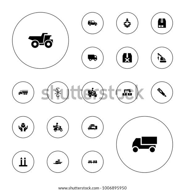 Editable vector shipping\
icons: truck with luggage, truck, crane, van, question box, cargo\
container, courier on motorcycle, box, object move, ship on white\
background.