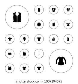 Editable vector shirt icons: shirt, singlet, sweater, blouse, skirt, jacket, sport bra, hoodie on white background.