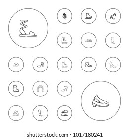 Editable vector shoe icons: boot, woman boot, heel sandals, man shoe, shoe, ballet shoes, ice skate, slippers, sandals, roller skate on white background.