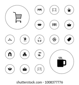 Editable vector shop icons: tag, hanger, barcode, fast food cart, bar code, shopping bag, building, hot dog, hairstyle, man hairstyle, bra, coffee on white background.