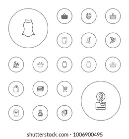 Editable vector shopping icons: necklace, money on hand, skirt, shopping basket, put money on card, credit card in hand, card on white background.