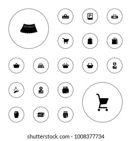 Editable vector shopping icons: skirt, shopping bag, put money on card, sport bag, parking on white background.