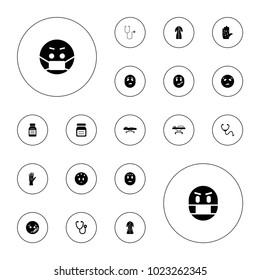 Editable vector sick icons: sweating emot, sick emot, emoji in mask, stethoscope, nurse gown, medicine, hospital stretch on white background.
