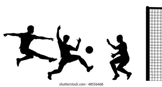 Editable vector silhouette of action in a football match