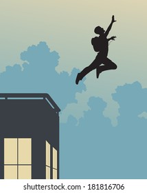 Editable vector silhouette of a base-jumper leaping off a building