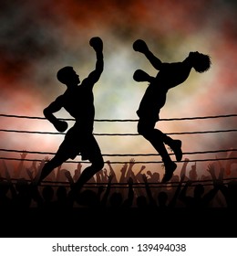 Editable vector silhouette of a boxer knocking out his opponent with an uppercut punch with background made using a gradient mesh