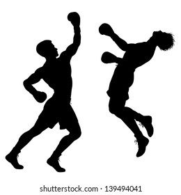 Editable vector silhouette of boxer knocking out his opponent with an uppercut punch