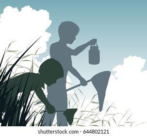 Editable vector silhouette of a boy and girl pond dipping in a wetland habitat 