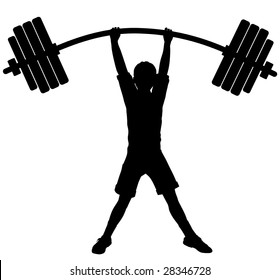 Editable vector silhouette of a boy lifting heavy weights