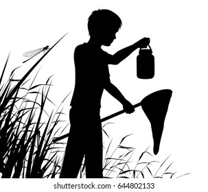 Editable vector silhouette of a boy pond dipping or catching insects in a wetland habitat with figure as separate object 