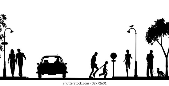 Editable vector silhouette of a busy street with all elements as separate objects