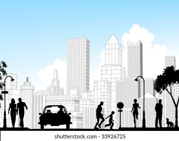 Editable vector silhouette of a busy street with city buildings as background; all silhouette elements as separate objects.