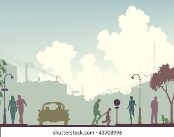 Editable vector silhouette of a busy street with all elements as separate objects.