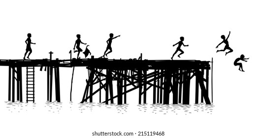 Editable vector silhouette of children jumping off a wooden jetty