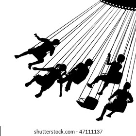 Editable vector silhouette of children on a fairground ride with each child as a separate object.