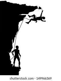 Editable vector silhouette of a climber falling from a breaking overhang with figures as separate objects