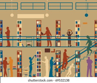 Editable vector silhouette of colorful people in a library