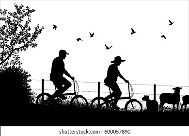 Editable vector silhouette of a couple cycling together in the countryside with people, bicycles and sheep as separate objects 