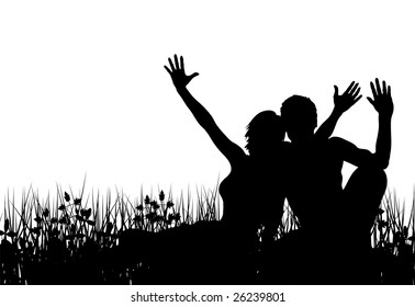 Editable vector silhouette of a couple sitting in a meadow with people as separate elements