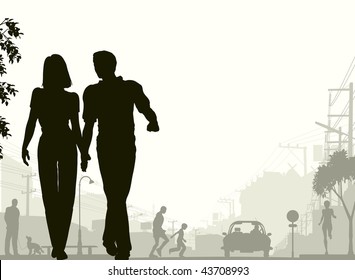 Editable vector silhouette of a couple walking down a street with all silhouette elements as separate objects.