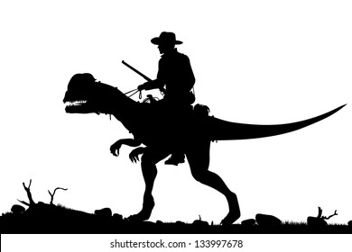 Editable vector silhouette of a cowboy riding a Dilophosaurus dinosaur as separate objects