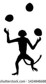 Editable vector silhouette of a dancing monkey juggling three coconuts