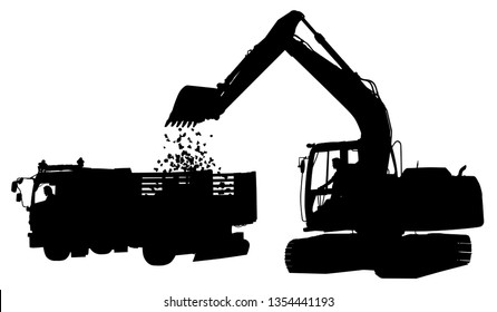 Editable vector silhouette of a digger loading soil into a truck 