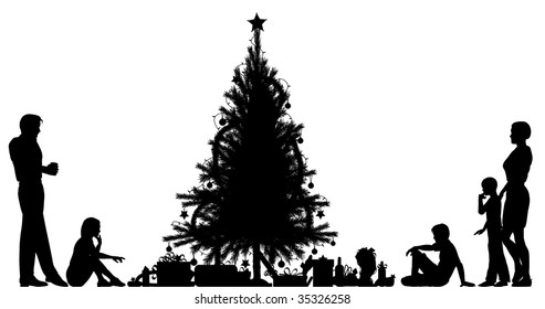 Editable vector silhouette of a family around a Christmas tree with all elements as separate objects