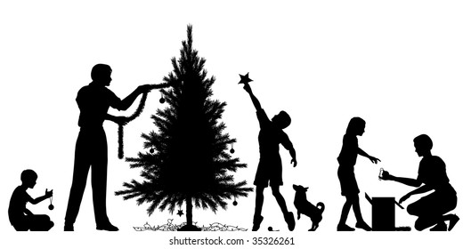 Editable vector silhouette of a family decorating a Christmas tree with all elements as separate objects