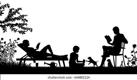 Editable Vector Silhouette Of A Family Relaxing In Their Garden With Figures As Separate Objects 