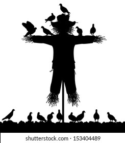 Editable vector silhouette of a flock of pigeons on a scarecrow with all figures as separate objects