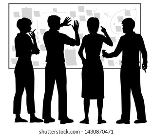 Editable vector silhouette of four people using a board for planning with figures as separate objects