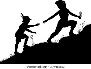 Editable vector silhouette of a girl reaching to help a younger boy up a rocky slope with figures as separate objects