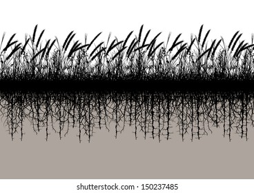 Editable vector silhouette of a grassy meadow with underground roots