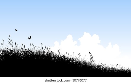 Editable vector silhouette of a grassy meadow and clouds with copy space