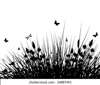 Editable vector silhouette of grassy vegetation with wildlife