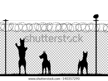 Editable vector silhouette of guard dogs behind a chainlink security fence with barbed and electric wire plus security camera with all elements as separate objects