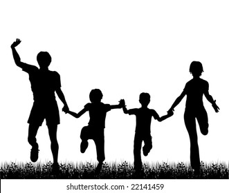 Editable Vector Silhouette Of A Happy Family Running Through Grass With Each Figure A Separate Object