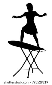 Editable vector silhouette of a housewife surfing on an ironing board with woman and board as separate objects 