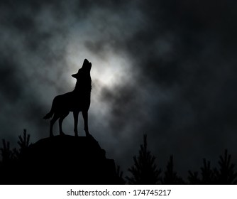 Editable vector silhouette of a howling wolf with moonlit clouds background made using a gradient mesh