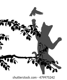 Editable vector silhouette illustration of a cat leaping to catch a small garden bird