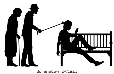 Editable vector silhouette illustration of an elderly couple poking a young man slouched on a park bench with figures as separate objects 