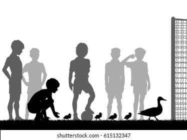 Editable vector silhouette illustration of a family of ducks stopping boys playing football