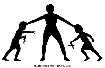 Editable vector silhouette illustration of a mother holding a young brother and sister apart with figures and toys as separate objects 