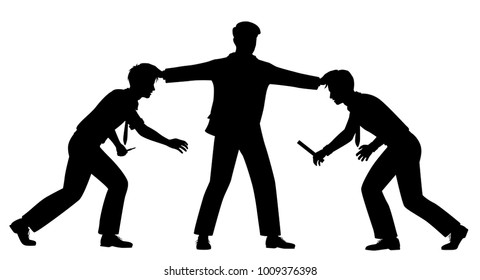 Editable vector silhouette illustration of two office workers held apart by a manager with figures as separate objects 