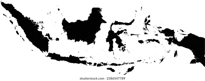 Editable vector silhouette of Indonesia, including the major islands such as Sumatra, Java, Borneo (Kalimantan), Sulawesi, and Papua, along with the many smaller islands that make up the country. 