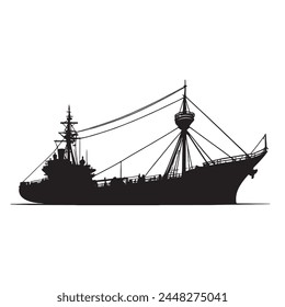 Editable vector silhouette logo of ships, sails, and yachts against a serene seascape. Perfect for businesses or enthusiasts seeking a timeless maritime aesthetic for their brand