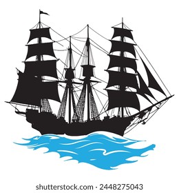 Editable vector silhouette logo of ships, sails, and yachts against a serene seascape. Perfect for businesses or enthusiasts seeking a timeless maritime aesthetic for their brand