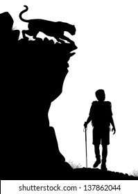 Editable Vector Silhouette Of A Lone Hiker Being Stalked By A Cougar