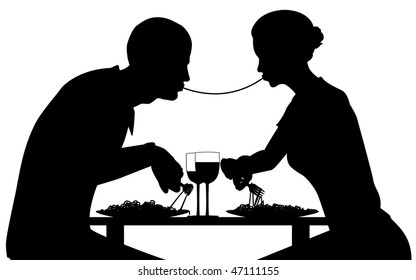 Editable vector silhouette of lovers eating spaghetti together with all elements as separate objects